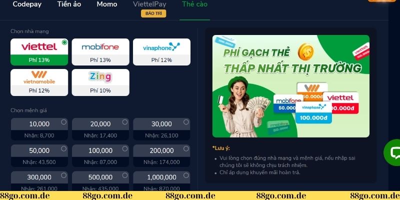 Nạp tiền 88GO – Con đường ngắn nhất để thỏa mãn đam mê cá cược 3 Nạp tiền qua thẻ cào